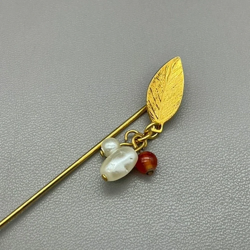 Stick Pin Women Gold Tone Leaf Faux Pearl Red Bead Dangle Vintage Lapel 2.5 Inch
